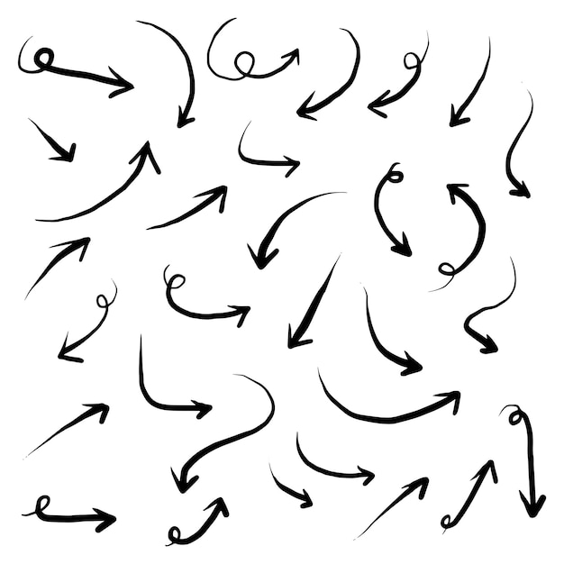 conjunto de iconos de flechas dibujadas a mano. icono de flecha con varias direcciones. Ilustración de vector de garabato. Aislado en un fondo blanco.