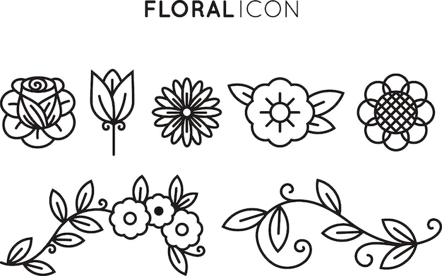 Conjunto de iconos florales en diseño plano estilo de línea delgada