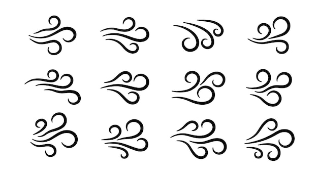 Conjunto de iconos de flujo de aire de viento dibujado a mano Símbolo de respiración libre Signo de flujo de aire fresco Colección de iconos de soplo de viento de Doodle Símbolo del tiempo Elemento de diseño climático Ilustración vectorial aislada sobre fondo blanco
