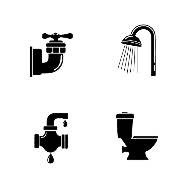 conjunto de iconos de fontanería siluetas vectoriales de herramientas tuberías diseño de inodoros y duchas ilustraciones
