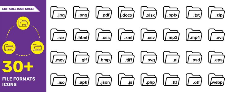 Vector conjunto de íconos de formato de archivo mínimo íconos vectoriales editables para 30 tipos de archivos