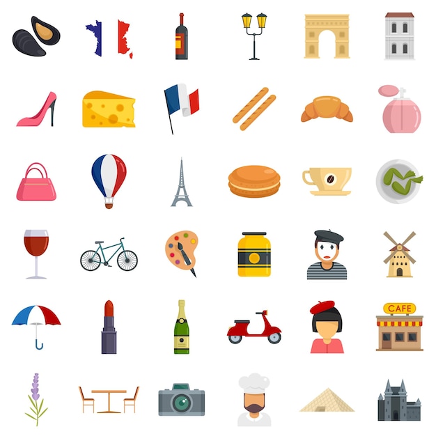 Conjunto de iconos de Francia. Conjunto plano de iconos de vector de Francia aislado sobre fondo blanco