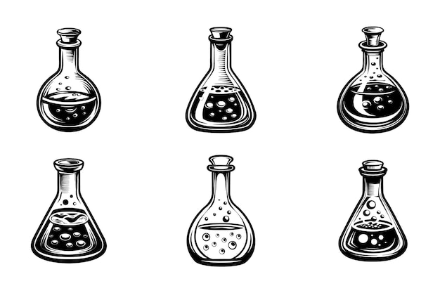 Conjunto de iconos de frasco de laboratorio en estilo de silueta de clip art vectorial