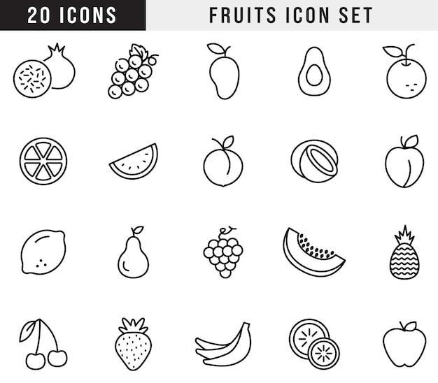 Conjunto de iconos de frutas con 20 ilustraciones vectoriales de estilo de línea negra de uva de manzana, plátano y más