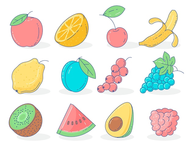 Conjunto de iconos de frutas y bayas de vector de color de diseño plano simple.