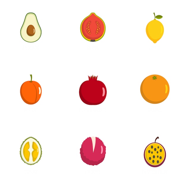 Conjunto de iconos de frutas. conjunto plano de 9 iconos de vector de fruta