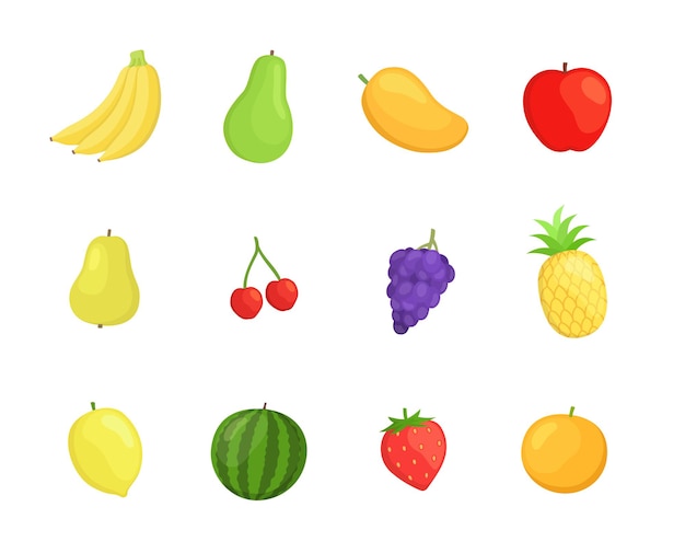 Conjunto de iconos de frutas en diseño de estilo plano