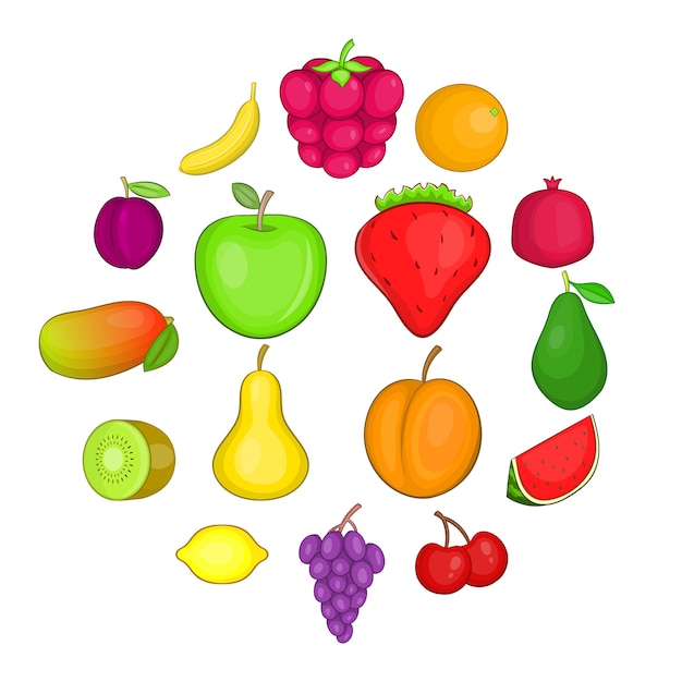 Conjunto de iconos de frutas, estilo de dibujos animados