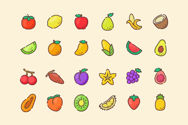 Conjunto de iconos de frutas frescas orgánicas