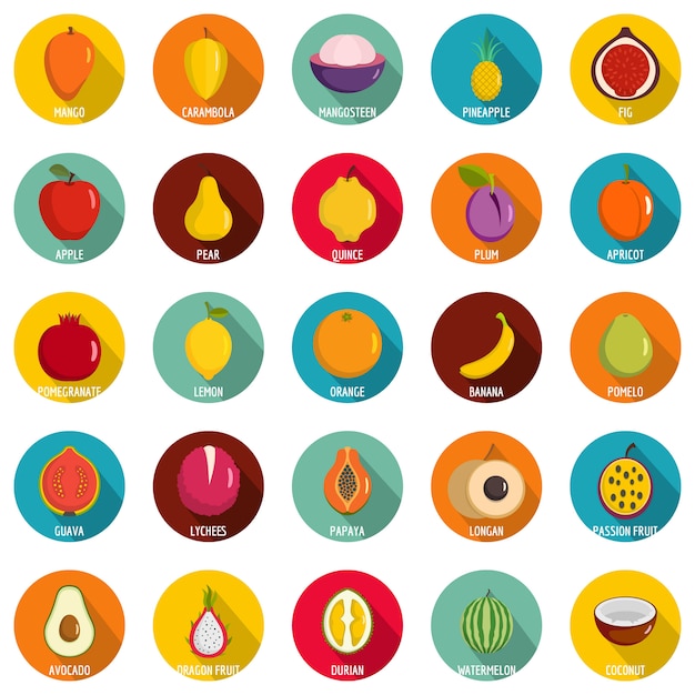 Conjunto de iconos de frutas. ilustración plana de 25 frutas vector iconos círculo aislado en blanco