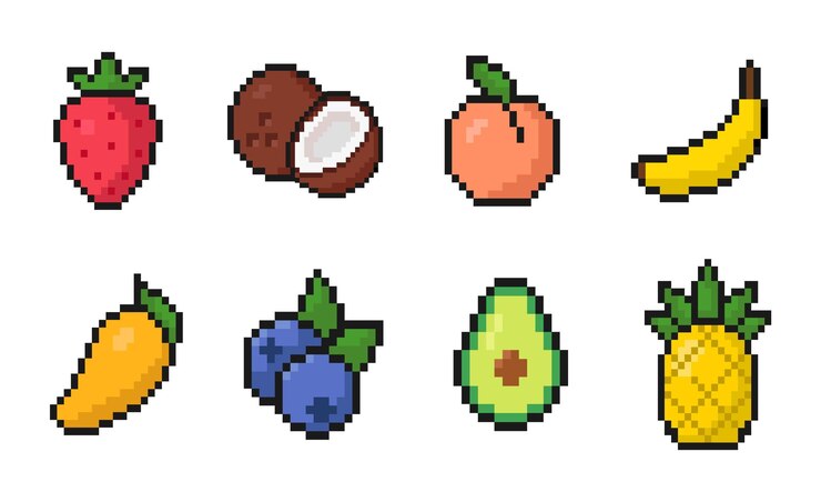 Vector conjunto de iconos de frutas de píxeles para juegos o aplicaciones móviles coloridos iconos de 8 bits de estilo antiguo de arte de píxeles
