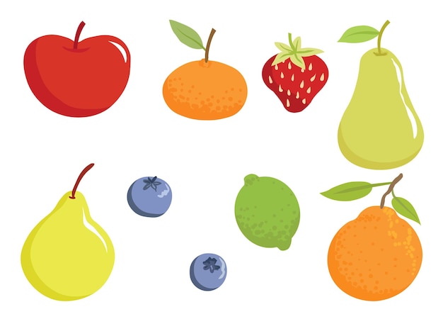 Un conjunto de iconos de frutas sobre un fondo blanco. Manzana, naranja, limón, pera, fresa.