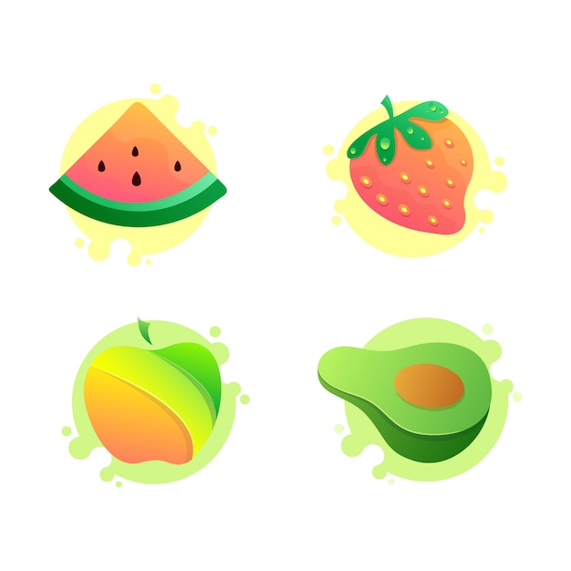 Conjunto de iconos de frutas vectoriales, sandía, manzana, aguacate, fresa