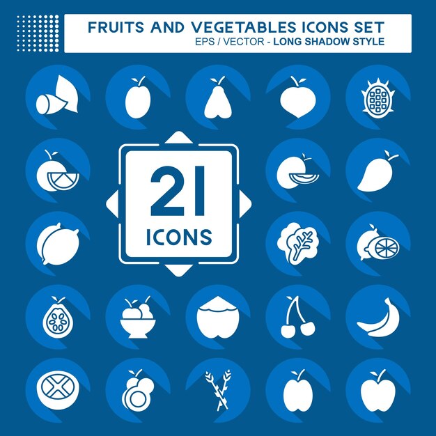 Conjunto de iconos Frutas y verduras relacionadas con Símbolo saludable estilo de sombra larga editable