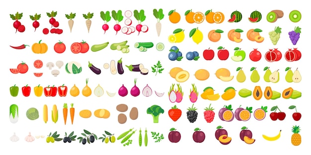 Conjunto de iconos de frutas y verduras vectoriales aislado sobre fondo blanco Ilustración vectorial