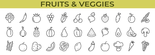 Conjunto de iconos de frutas y verduras Vegetales y frutas Ilustración vectorial