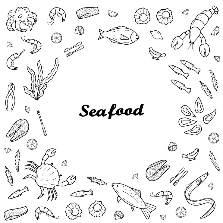 Conjunto de iconos de frutos del mar Ilustración vectorial de mariscos y cocina