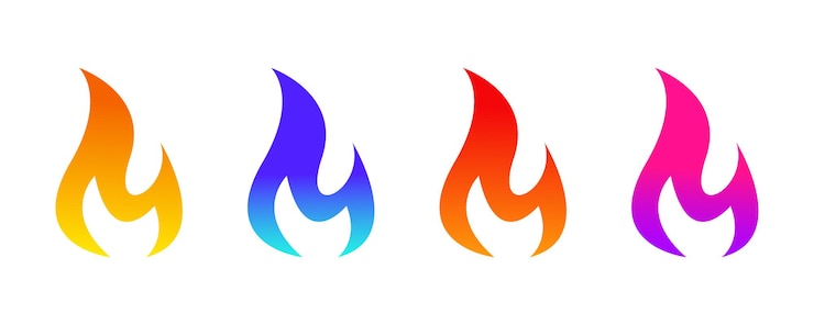 Vector conjunto de íconos de fuego símbolo de llama de gradiente signo de quema de fuego ilustración de gas inflamable aislado