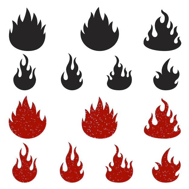 Conjunto de iconos de fuego sobre fondo blanco.