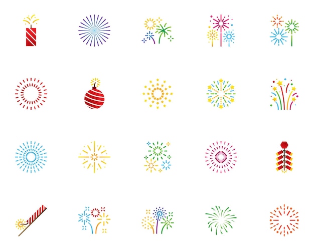 Conjunto de iconos de fuegos artificiales celebración feliz año nuevo