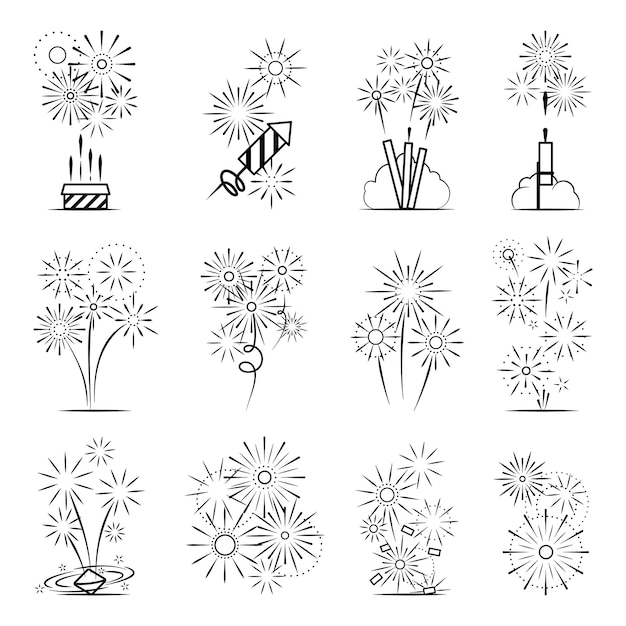 Conjunto de iconos de fuegos artificiales. iconos de fuegos artificiales de celebración de línea negra sobre fondo blanco. ilustración vectorial