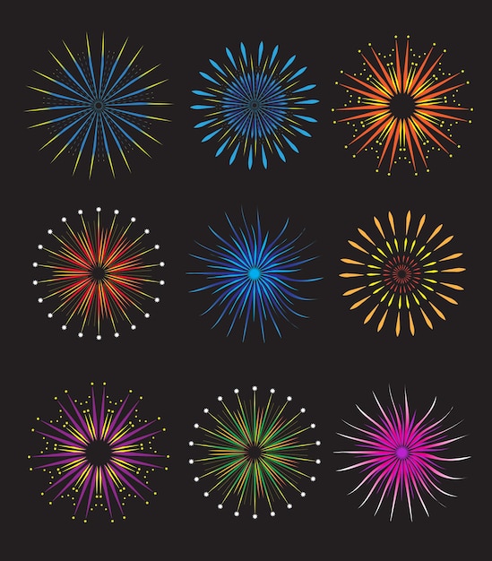 Conjunto de iconos de fuegos artificiales. Vector de fuegos artificiales sobre fondo negro. Colección de iconos de fuegos artificiales de vacaciones y fiestas. Ilustración vectorial.