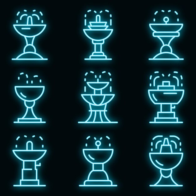 Conjunto de iconos de fuente de agua potable. Esquema conjunto de iconos de vector de fuente de agua potable color neón en negro