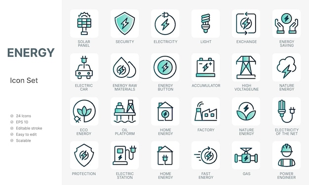 Conjunto de iconos de fuentes de energía con concepto de energía verde