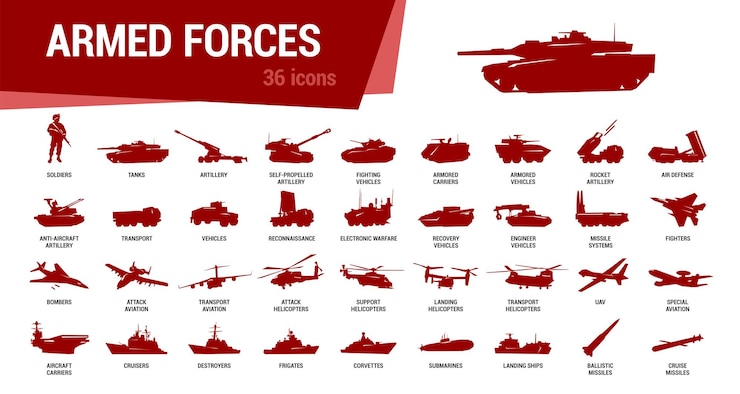 Vector conjunto de iconos de fuerzas blindadas siluetas simples de vehículos militares sobre fondo blanco ilustración vectorial