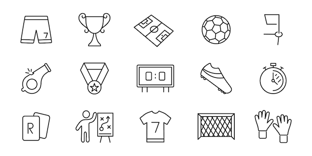Conjunto de íconos de fútbol Íconos de línea de fútbol Trofeo de campo de pelota Medalla tarjetas de silbido Vector