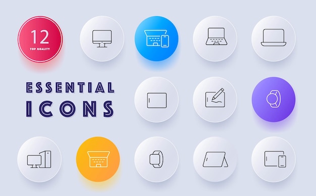 Conjunto de iconos de gadgets Dispositivos de tecnología gadgets electrónicos innovación conveniencia Estilo de neomorfismo digital Icono de línea vectorial para negocios y publicidad