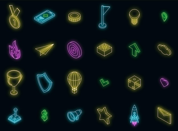 Conjunto de iconos de gamificación neón vectorial