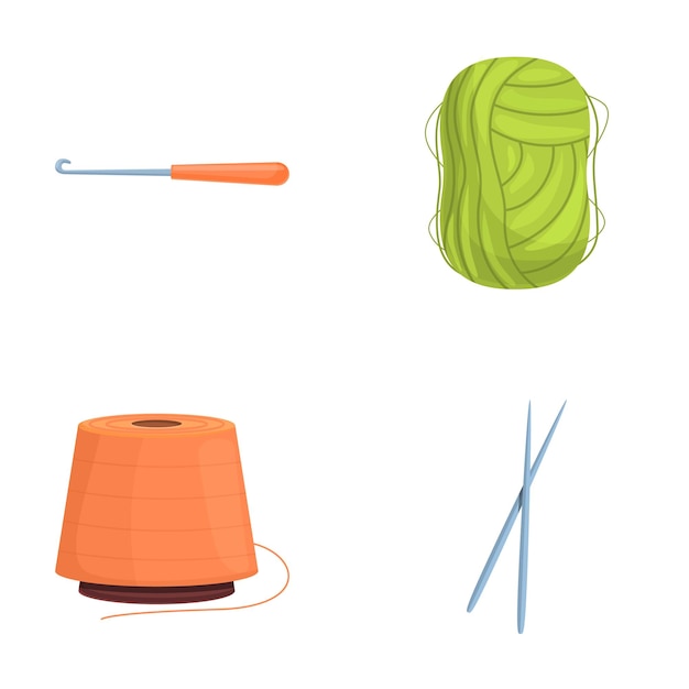 Conjunto de iconos de ganchillo vector de dibujos animados herramienta de tejer y hilo de colores