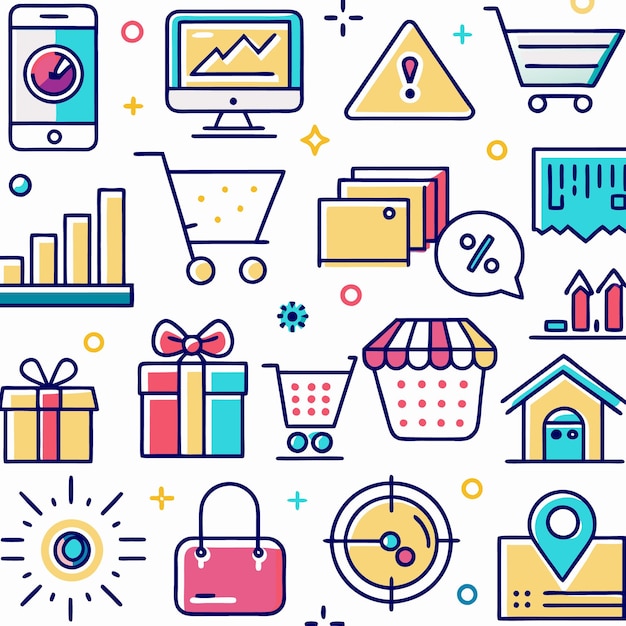 Conjunto de iconos de garabateo coloridos relacionados con el marketing de compras y el comercio minorista