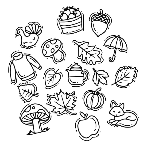Conjunto de iconos de garabateo de otoño Ilustración vectorial dibujada a mano