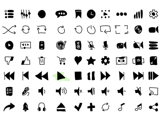 Conjunto de iconos de garabateo vectorial negro Ilustración plana en un tema botones de reproductor de audio y video