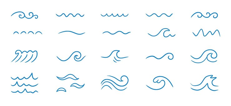Conjunto de iconos de garabato de línea de mar de onda Esquema de onda de agua de croquis dibujado a mano Flujo de agua de garabato de curva simple aislado