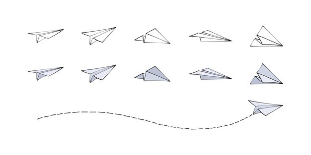 Conjunto de iconos de garabatos de avión de papel. Colección de aviones doblados a mano.