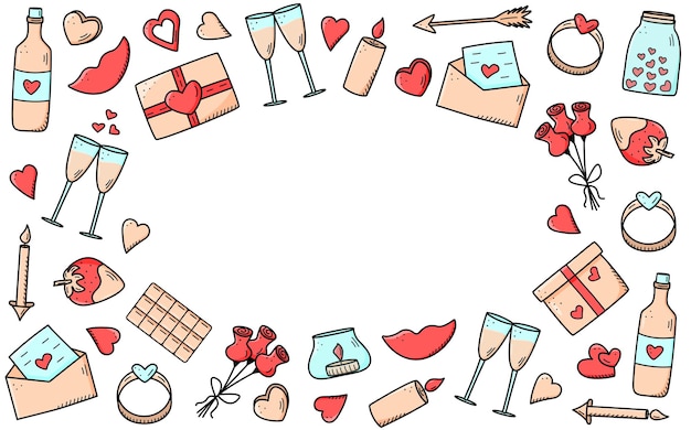 Un conjunto de iconos de garabatos para el día de san valentín o la boda. ilustración de vector de accesorios románticos velas corazones anillo botella y copas de vino, labios de regalo de chocolate fresa.