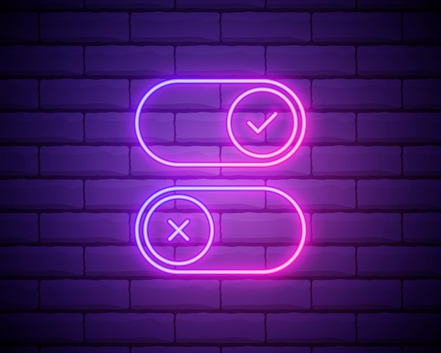 Conjunto de iconos de garrapata Icono de marca de verificación de neón con estilo en color rosa ilustración vectorial Verificación aislada en el fondo de la pared de ladrillo Marcas de verificación de neón en la casilla de verificación