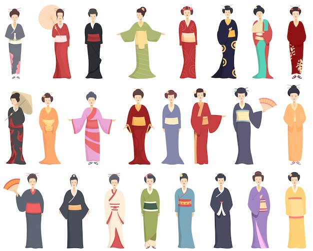 Vector conjunto de iconos de geisha vector de dibujos animados chica japonesa