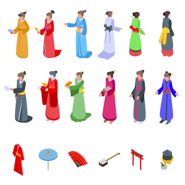 Conjunto de iconos de geisha vector isométrico chica japonesa