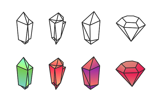 Vector conjunto de iconos de gemas de cristal colección de símbolos de piedras preciosas vectoriales de piedras preciosas de diamantes