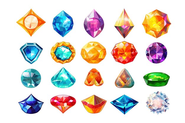 Conjunto de iconos de gemas y diamantes vectoriales de dibujos animados Elementos planos de dibujos animados vectoriales aislados en el fondo