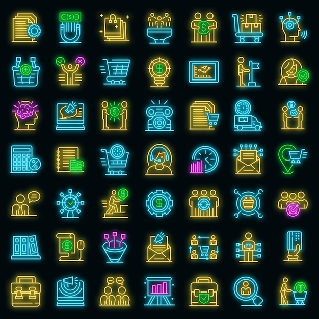 Conjunto de iconos de Gerente de compras. Conjunto de esquema de color de neón de los iconos de vector de Gerente de compras en negro