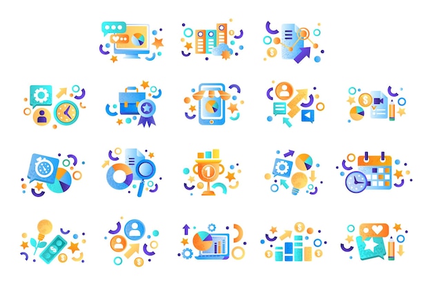 Conjunto de iconos Gestión de procesos creativos Estrategia financiera de negocios Marketing Ilustración de vector plano