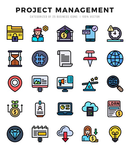 Conjunto de iconos de gestión de proyectos Colección de simples iconos web de color lineal