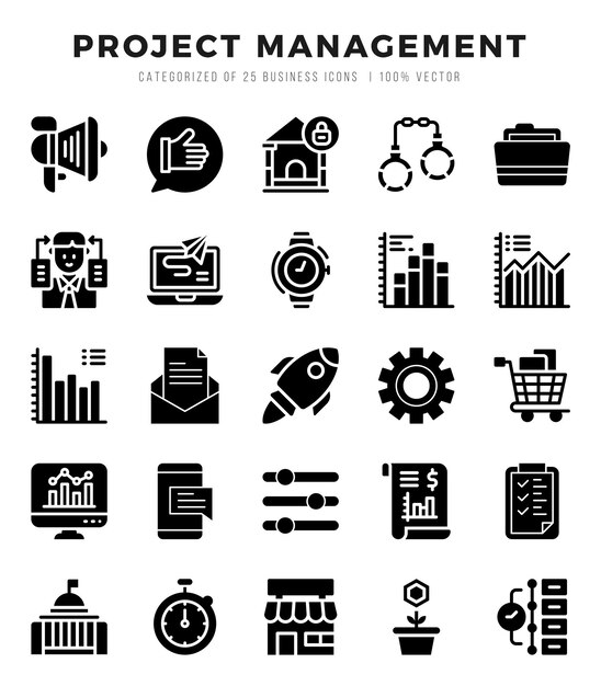 Conjunto de iconos de gestión de proyectos Colección de simples iconos web de glifos