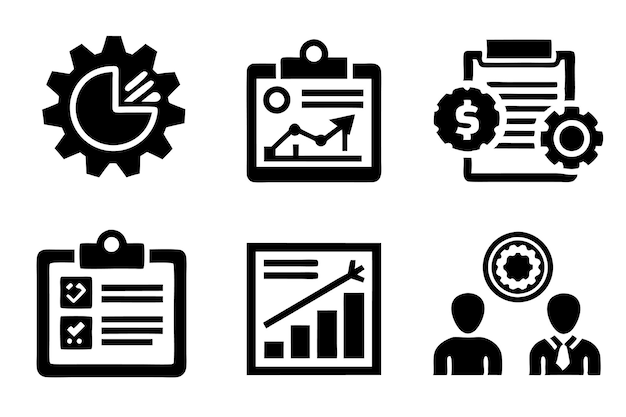 Conjunto de iconos de gestión de proyectos Ilustración de gestión de desarrollo de proyectos Estrategia de equipo