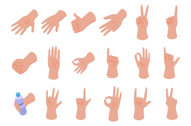 Conjunto de iconos de gestos con las manos. Conjunto isométrico de iconos de vector de gestos con las manos para diseño web aislado sobre fondo blanco